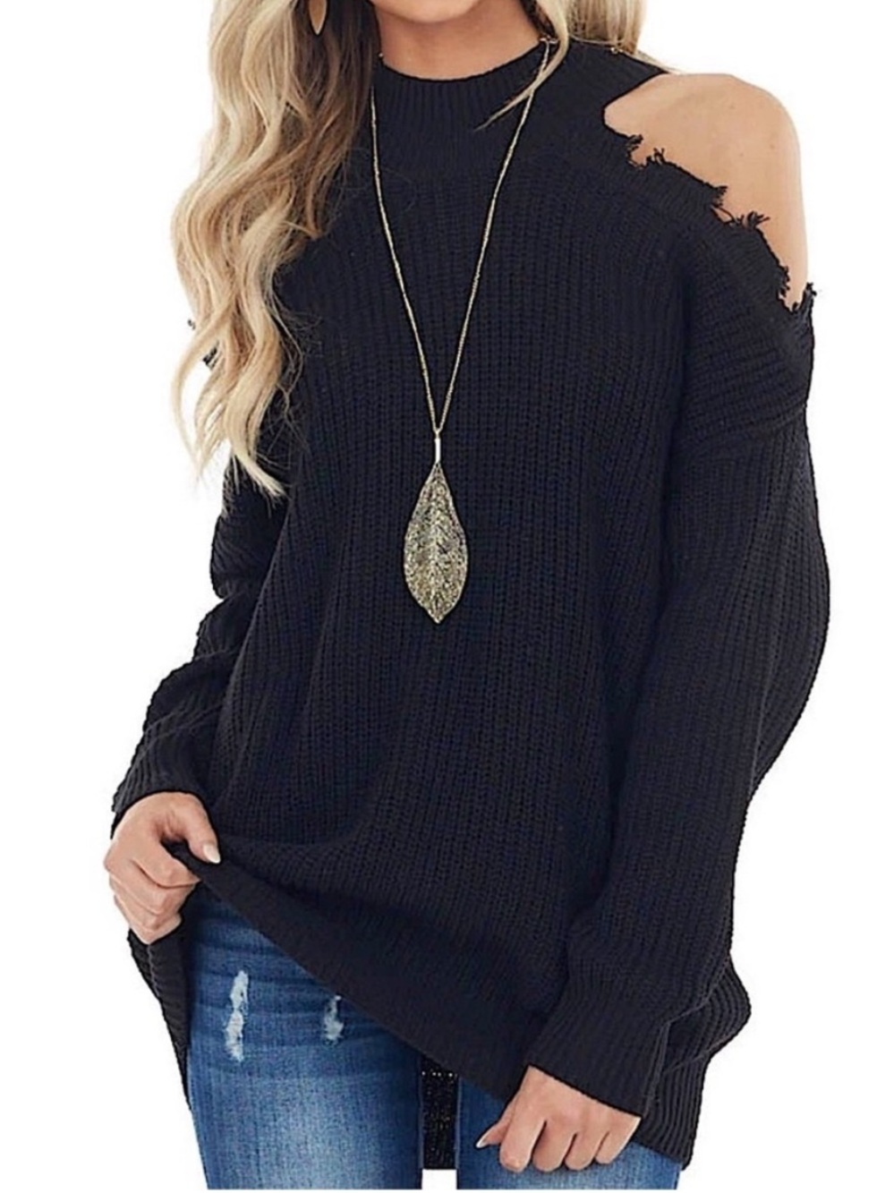 BiBi Black Distressed Cold-Shoulder Crewneck Sweater